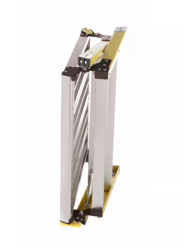 Folding work platform in collapsed position for compact storage.